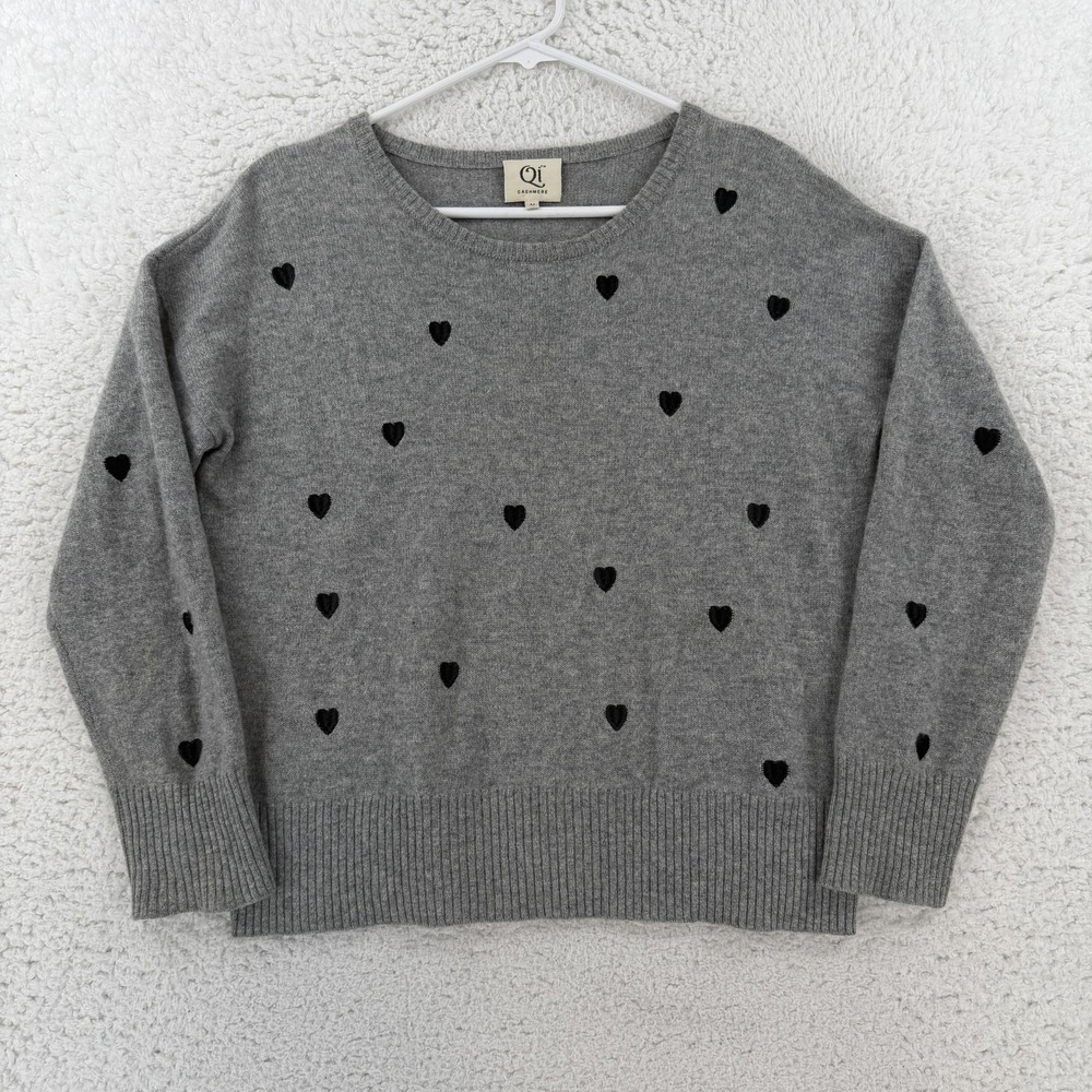 Qi Cashmere Sweater Womens Medium Gray 100% Cashmere Hearts Embroidered Crewneck